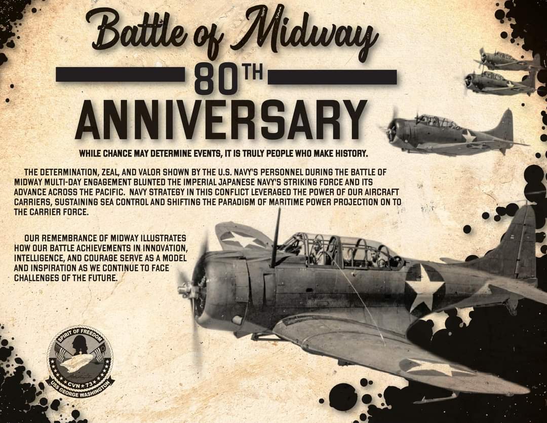 #USSGW commemorates the 80th anniversary of the Battle of Midway. 
#USNavy #GWSpirit #BattleofMidway #Midway80 
#Midway #WWII #History 
#USSGeorgeWashington