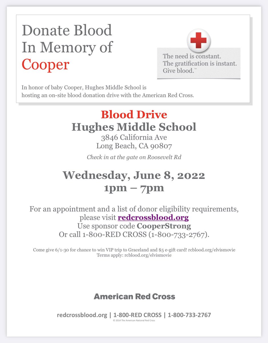 MrSteinhauser's tweet photo. .@HughesOwls is hosting a blood drive in memory of Cooper. If you can donate, please sign up! #HughesProud #proudtobeLBUSD https://t.co/ljfxTsdVGW