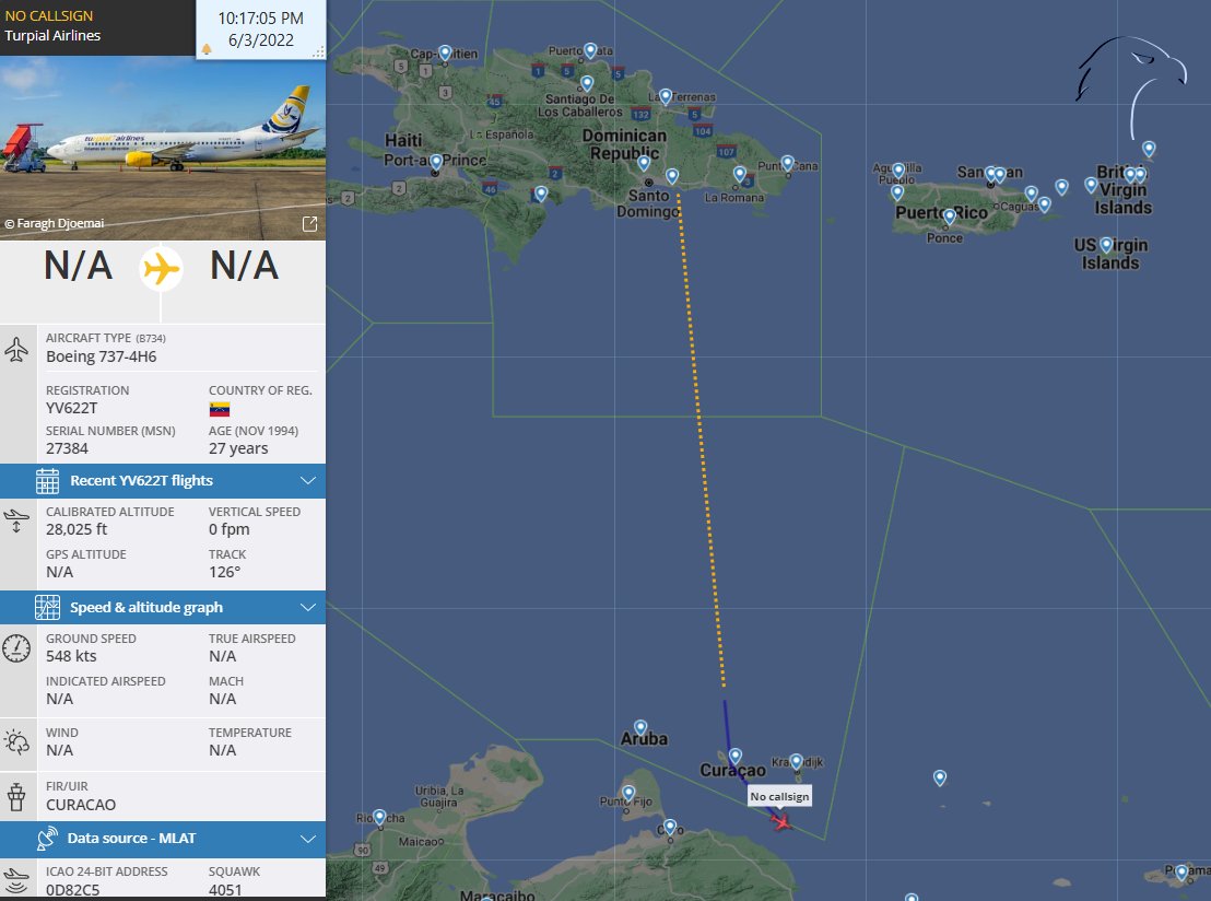 FlconEYES's tweet photo. Boeing 737-4H6 | YV622T | 0D82C5 | #YV622T
#TurpialAirlines 
6 meses con #ADSB apagado. Y no tiene códigos de llamadas en sus vuelos, toda una joyita del régimen de #Venezuela.🧐🧐
#vuelosrevolucionarios 
#PlaneAlert #AvGeek #ADSB #Aviation #OSINT #3Jun
https://t.co/sNCXSMc2ck https://t.co/6GT1R7xE8D