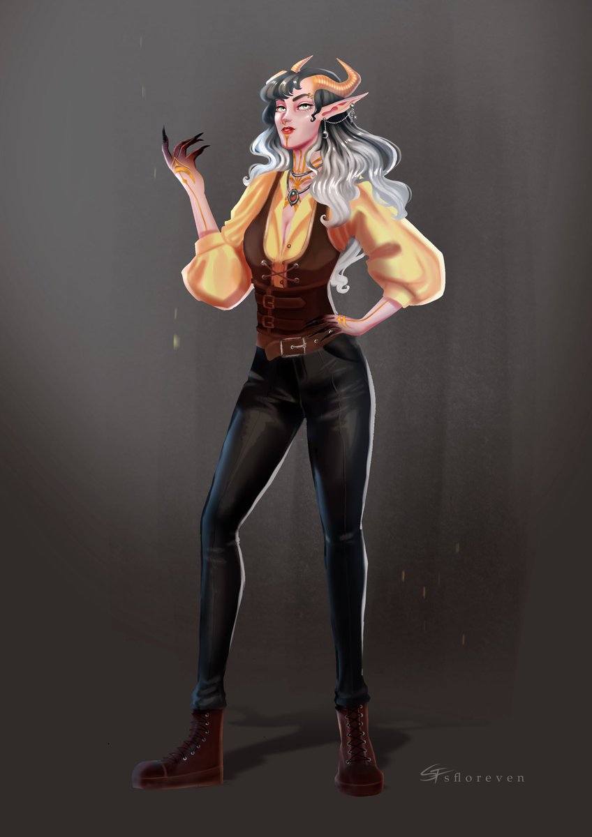 Couldn’t be more excited to share this commission of my #dnd #5e #ttrpg character Seraphine! She’s a Fey-Tiefling Infernal Sorcerer/ Wildfire Druid with an adorable wildfire goat named Kosto, who has equally adorable booties! Thank you SO much <a href="/SFloreven/">flo⚘ ✨</a> for bringing her to life!