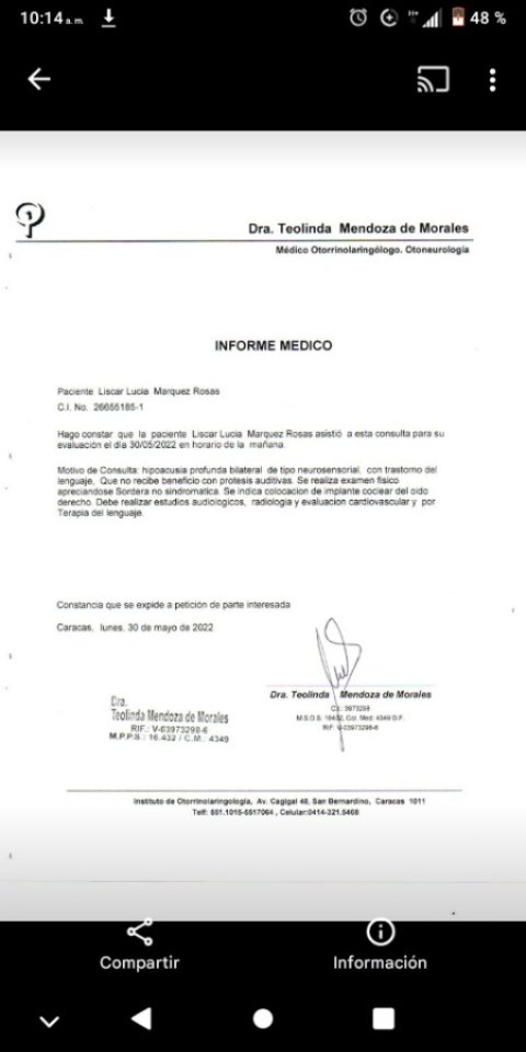 Evannys10's tweet photo. @NicolasMaduro @maduro_en Pq en este país tan rico. En el q se habla tanto de las buenas obras del gobierno se ignoran tanto estos casos? Mi hija necesita su implante coclear y nadie nos a ayudo por más q e buscado ayuda es un caso más ignorado por todos los entes gubernamentales https://t.co/jdnn5sP6pC