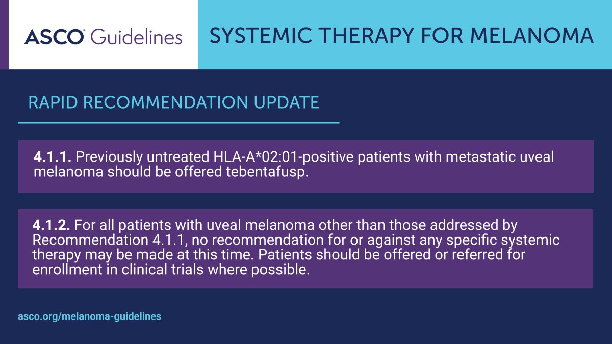 ASCO's tweet photo. ❕ We’ve issued a rapid recommendation guideline update on systemic therapy for #melanoma. Read more https://t.co/3WxrPgVRBM #melsm https://t.co/oYWRBCvtDz