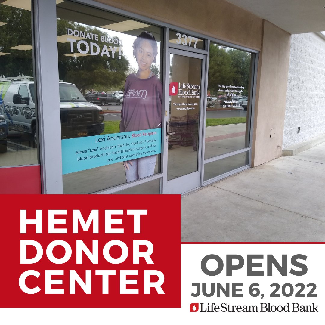 lifestreamblood's tweet photo. ❗Our new Hemet Donor Center, 3377 W. Florida Ave., will open Monday, June 6. Make an appointment TODAY by calling 800.879.4484 or visiting https://t.co/RXeAM8wls9. #hemet #lifestreambloodbank #blooddonors #inlandempire https://t.co/kWDNy7yzmk