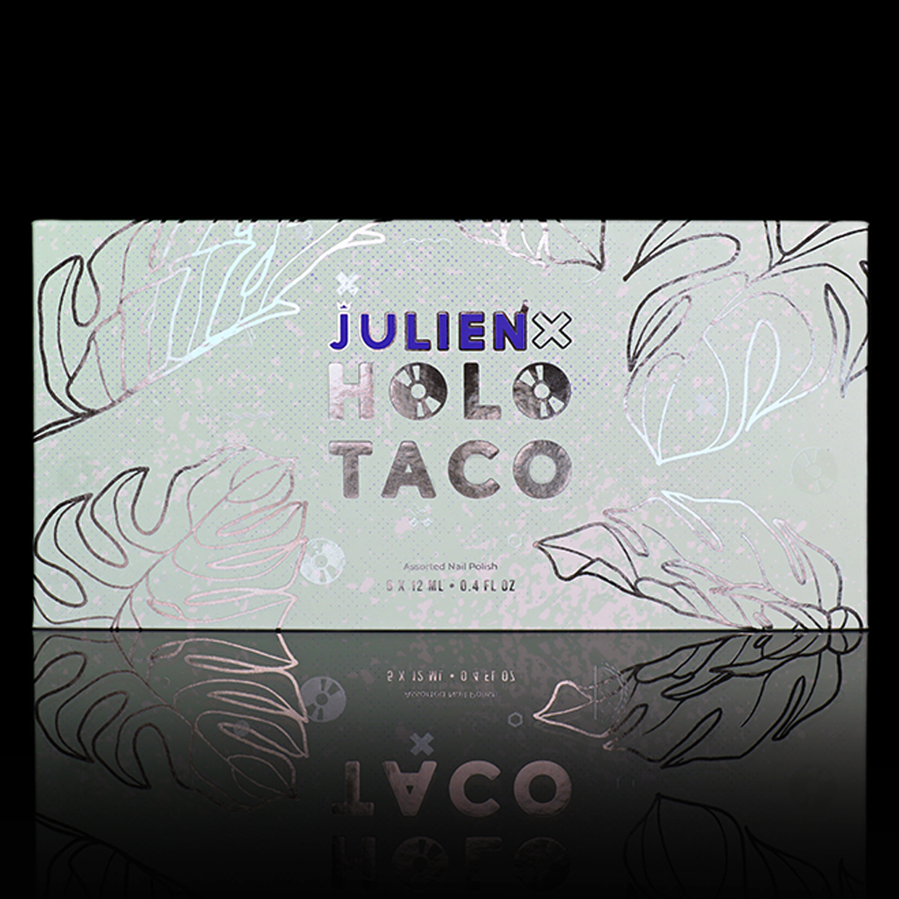 holotaco's tweet photo. You know we had to do it to ‘em 😏 Holo Taco x Julien 🤠 is here! 5 bold shades designed by Julien in a soft matte monstera collector’s box👓 Be extra with Julien nail stickers to pass the vibe check 😉✅💅 
Shop 🛍👇
https://t.co/pLIcv4UnT8
#holotacoxjulien #holotaco 💿🌮 https://t.co/DNI6bPDW2P
