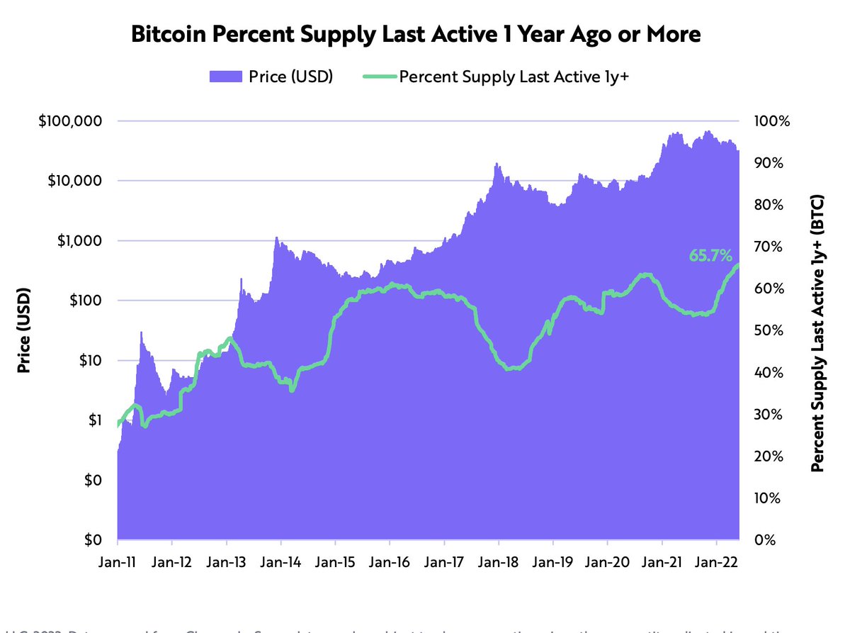 yassine_elman's tweet photo. Holders have never been more long term focused. Nearly 66% of bitcoin has not moved in over a year, marking an all time high. https://t.co/gprBpgtsJs