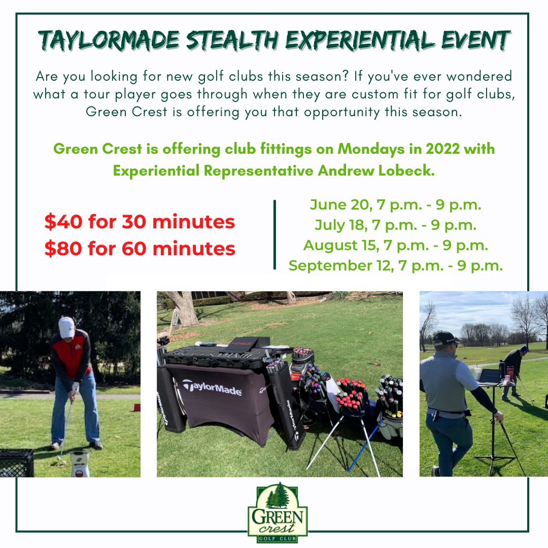 Schedule a club fitting at Green Crest to improve your game!
Click here to sign up for June 20: bit.ly/38CpeBQ Click here to sign up for July 18: bit.ly/3zayzvD