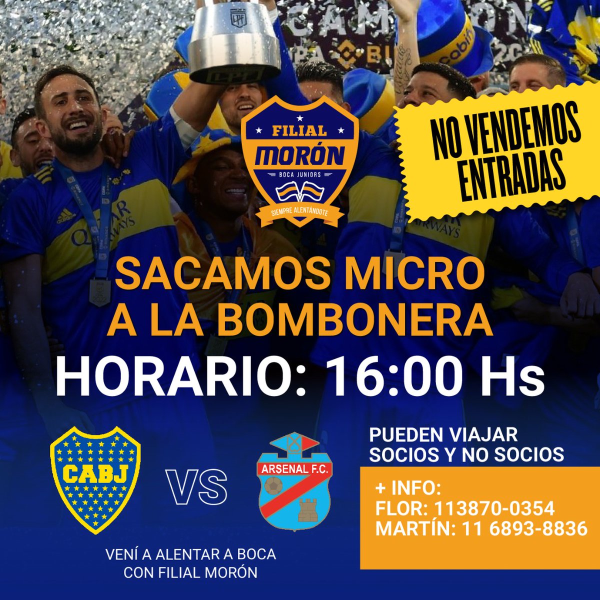 MoronFilial's tweet photo. 🥳LOS INVITAMOS A VIAJAR CON FILIAL MORÓN 🗣🥁🚍

📌 SALIMOS 16:00hs desde la ROTONDA DE TEXALAR

Pasamos por:
📍CEMENTERIO DE MORÓN 
📍ESCUELA DORREGO
📍JUMBO PLAZA OESTE

NO VENDEMOS ENTRADAS!
Para más info 👇🏻
116893-8836 MARTÍN 
113870-0354 FLOR https://t.co/UU6EIUGqtA