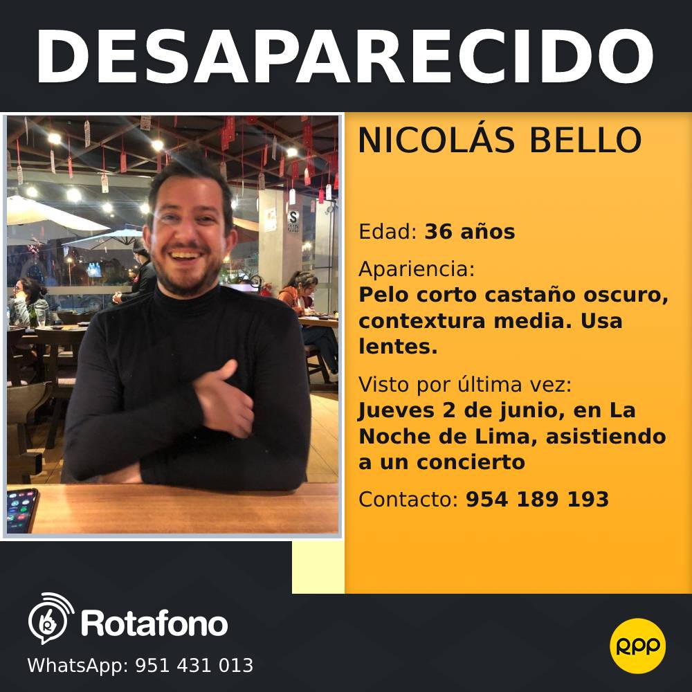RPPNoticias's tweet photo. 🚨 #Rotafono #Desaparecido
Ayúdanos a encontrar a Nicolás Bello.
☎️ Comunícate al 954 189 193 https://t.co/KLs8DR5gjz
