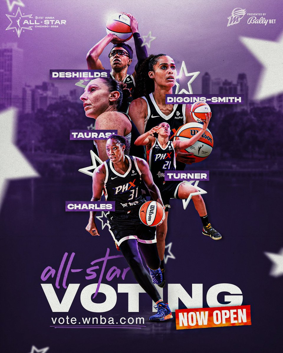 MMCenter_PHX's tweet photo. All-Star voting is Live! Let's send our squad to Chicago 🤩
Ways to vote:
⭐️ Online at https://t.co/6xo0XWxCmM
⭐️ WNBA App
⭐️ Tweet, Retweet, or reply using a player's #FirstNameLastName or Twitter handle with #WNBAAllStar https://t.co/ZDQSlBrFm5