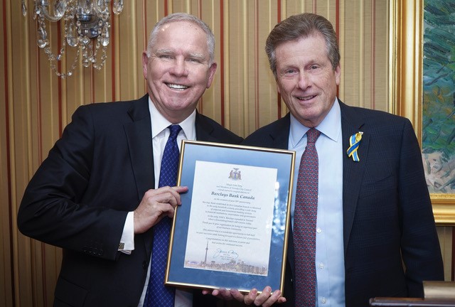 BarclaysCIB's tweet photo. Barclays celebrated its 90+ years of doing business in Canada this week, commemorating the milestone with two days of celebrations with almost 100 guests, clients and dignitaries, including the Mayor of Toronto. https://t.co/D3RAANtj2i
