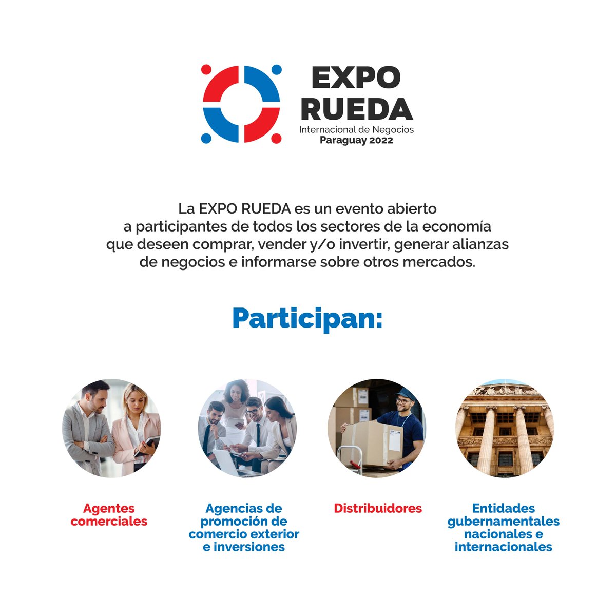 Exporuedapy's tweet photo. 🤝 Empresas de todos los rubros, desde micro, hasta las más grandes pueden participar de la Expo Rueda Internacional de Negocios Paraguay 2022, totalmente GRATIS.
📍 18 y 19 de julio
👉 Los interesados pueden inscribirse en https://t.co/AujvPH6Dhe
#TeConectamosAlMundo #Expo2022 https://t.co/LMVcgmBxCw