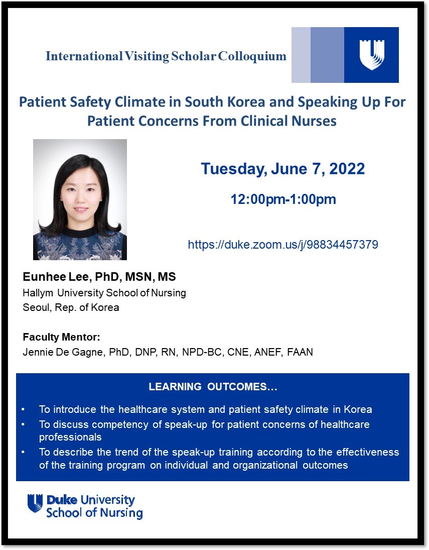 DukeU_Nursing's tweet photo. Eunhee Lee, DUSON international visiting scholar and assistant professor at @HALLYM_SGS in Republic of Korea, will present her work on June 7. While at DUSON, Dr. Lee has been working with her mentor, Professor Jennie De Gagne (@JDeGagne). ➡️ https://t.co/QckPjPtbUC @DukeHealth https://t.co/GY5UoomT1M