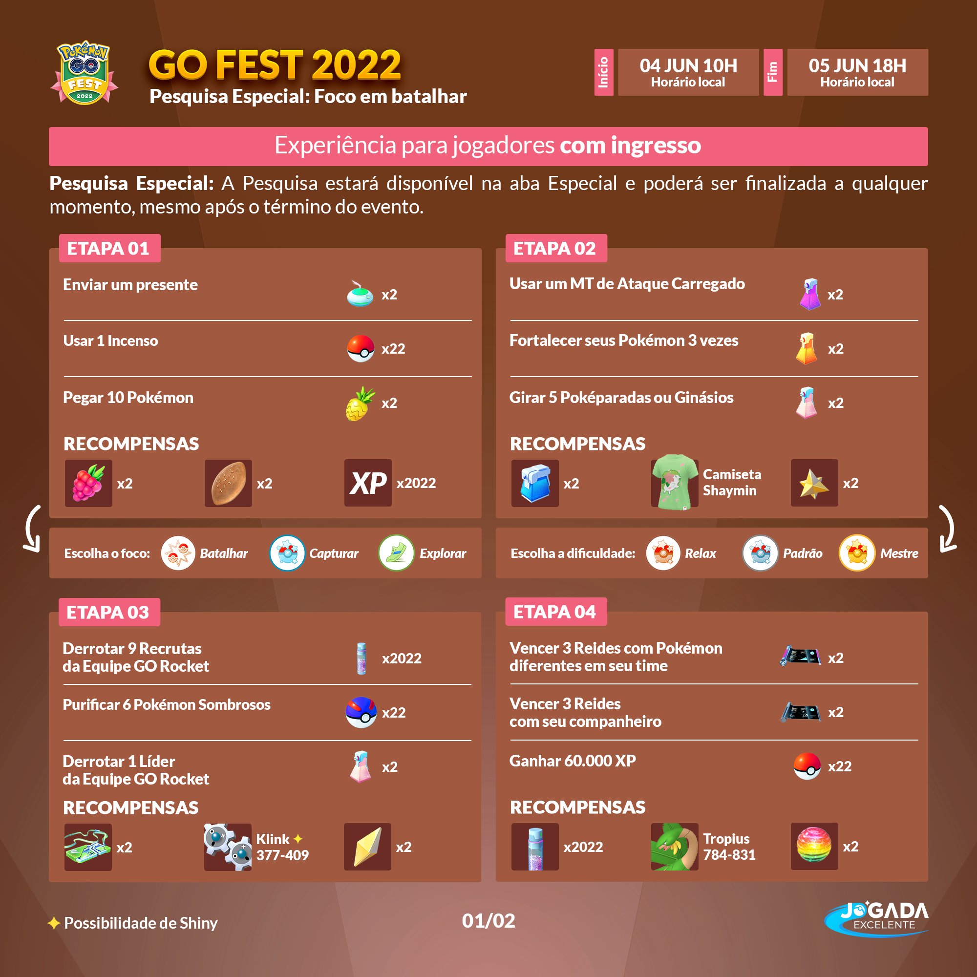 Jogada Excelente on X: Informações importantes sobre o #PokemonGOFest2022  na thread👇: O evento Final do GO Fest 2022 acontece nesse sábado, dia 27  de agosto, das 10h às 18h (horário local). Por