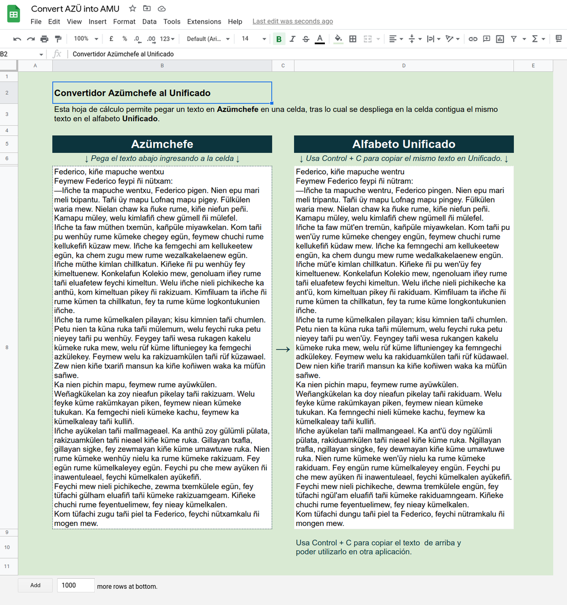 fiestoforo's tweet photo. Por medio de una fórmula de sustitución de Google Sheet, es posible cambiar un texto del alfabeto Azümchefe al Unificado. https://t.co/SgzOaJiRLn