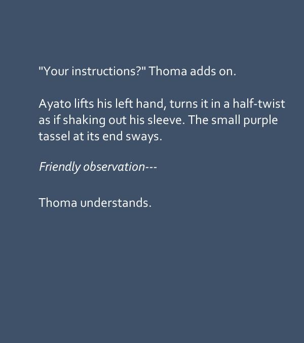 mallory_madder's tweet image. willow pond, locked in smoke

🌿first thomato fic, rated T, ~6k words
🌿pre-canon, when ayato had just become clan head
🌿parties, thoma doing social intrigue calculus, hurt/comfort
#ayathoma #thomato #KamisatoAyato #thoma 
archiveofourown.org/works/39415260