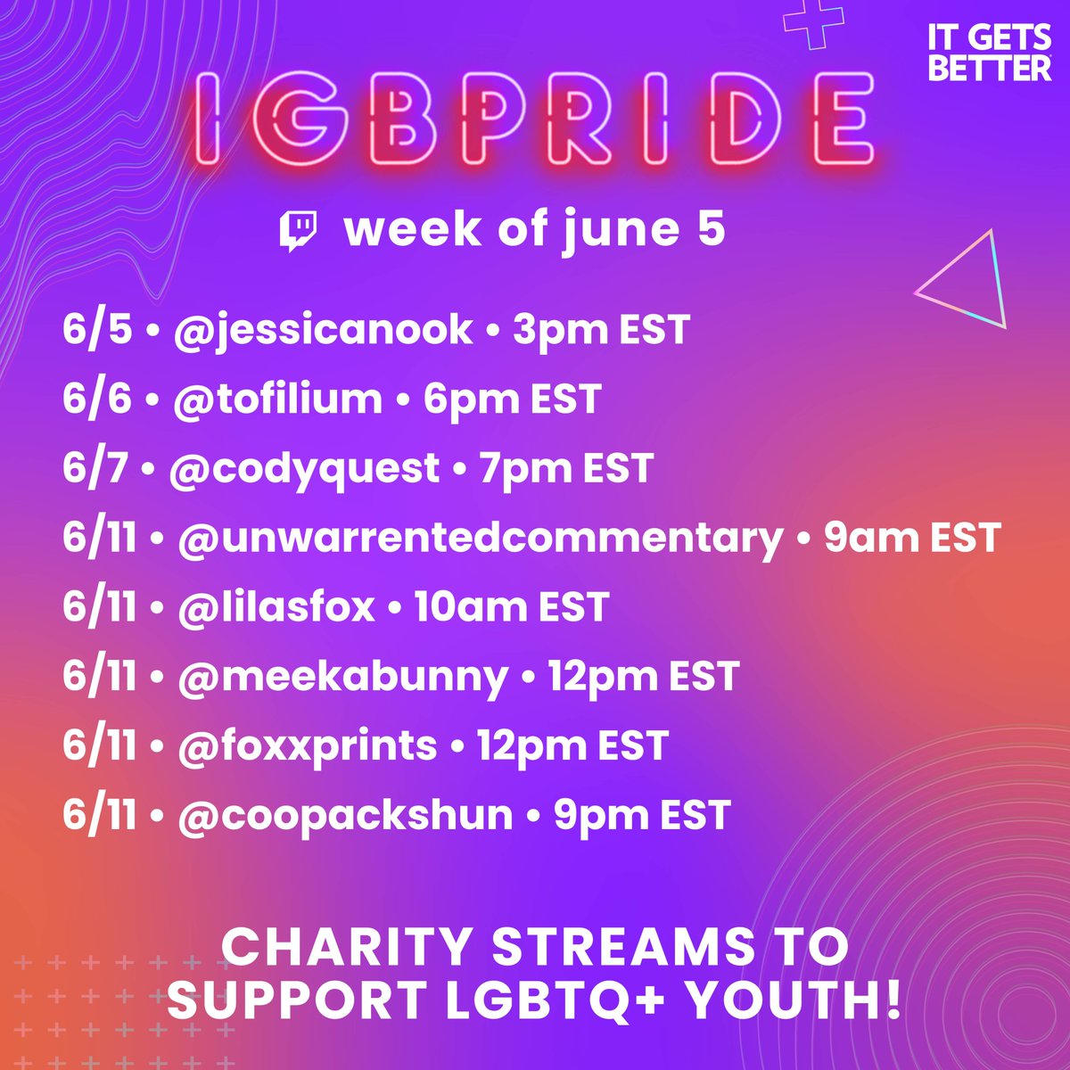 ItGetsBetter's tweet photo. ๐ณ๏ธโ๐ SO many charity streams to support LGBTQ+ youth by our amazing Partners and Affiliates in June, it's practically a festival!
Check back every Saturday to see the upcoming week's lineup so you can pop in and make a donation on their Twitch channels.
Follow along w/ #IGBPride! https://t.co/qvkeqKScXI