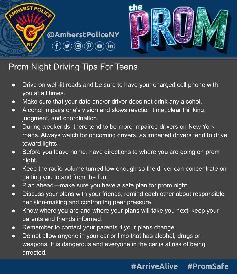 amherstpoliceny's tweet photo. [AMHERST POLICE, NY] -- As prom season begins, the APD would like to remind our students to enjoy the night safely. Parents can assist their teens by becoming involved in prom planning and discussing the consequences of poor judgment, alcohol, and other substance abuse.
#PromSafe https://t.co/wgIDfp5H6c