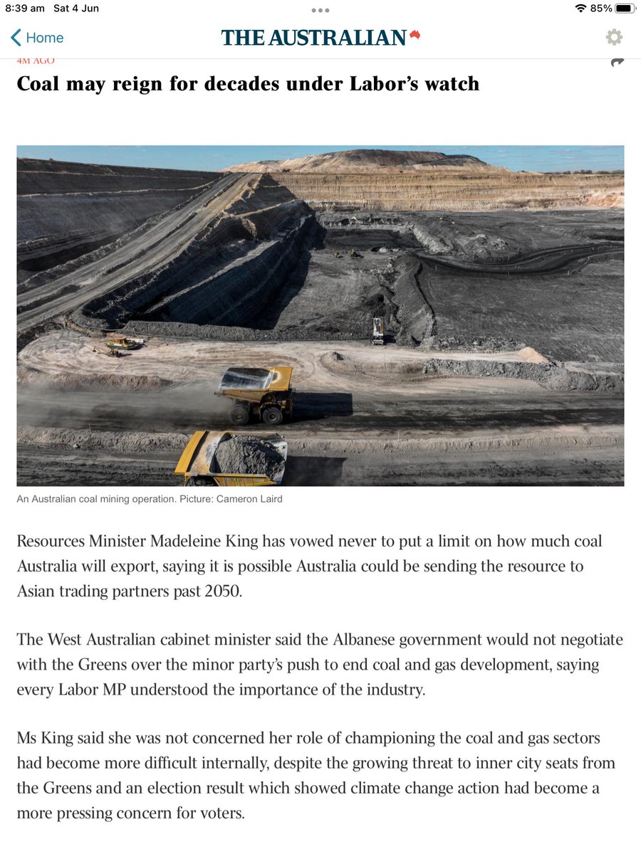 markwakeham's tweet photo. Madeleine King really not reading the room post election. Resources Ministers have always cosied up to miners, but raising expectations that thermal coal exports will continue beyond 2050 is pretty tone deaf in a nation deeply worried about climate change https://t.co/9Khju0Fv6A
