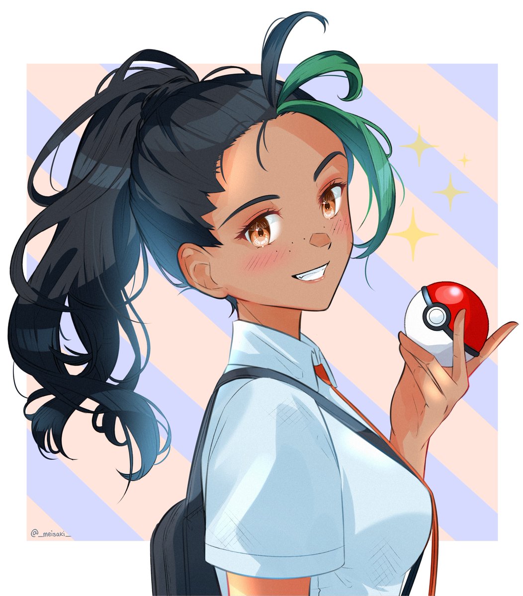 1girl poke ball dark-skinned female freckles solo poke ball (basic) school uniform  illustration images