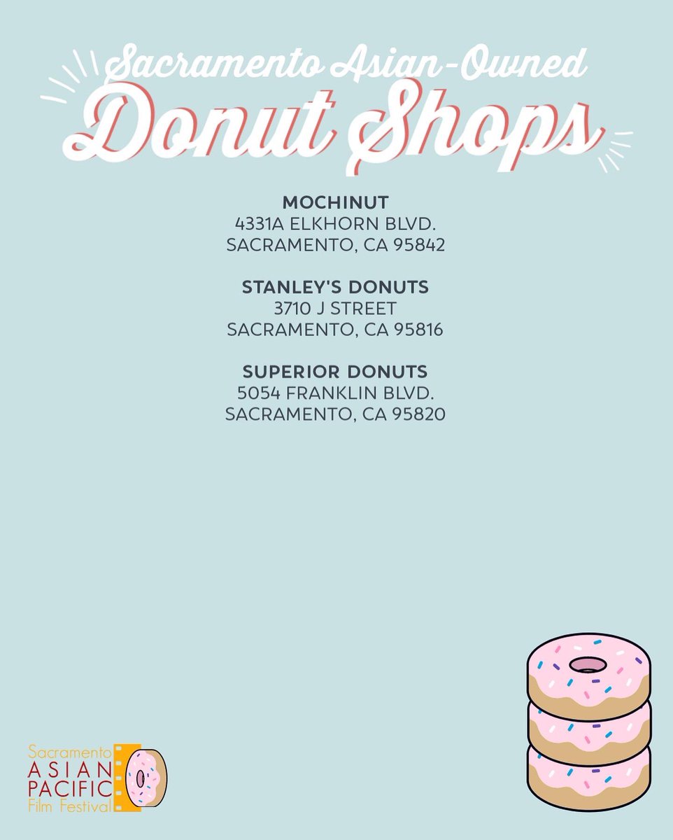 SAPFF's tweet photo. Happy #NationalDonutDay!🍩
Asian refugees and immigrants have long made the donut industry in California go ‘round! Up to 90% of the donut shops in California are owned by Asian Americans.

In Sacramento, here’s a sprinklin’ of few we’ve rounded up!

Tag any we’ve missed! https://t.co/P36AelgqDS