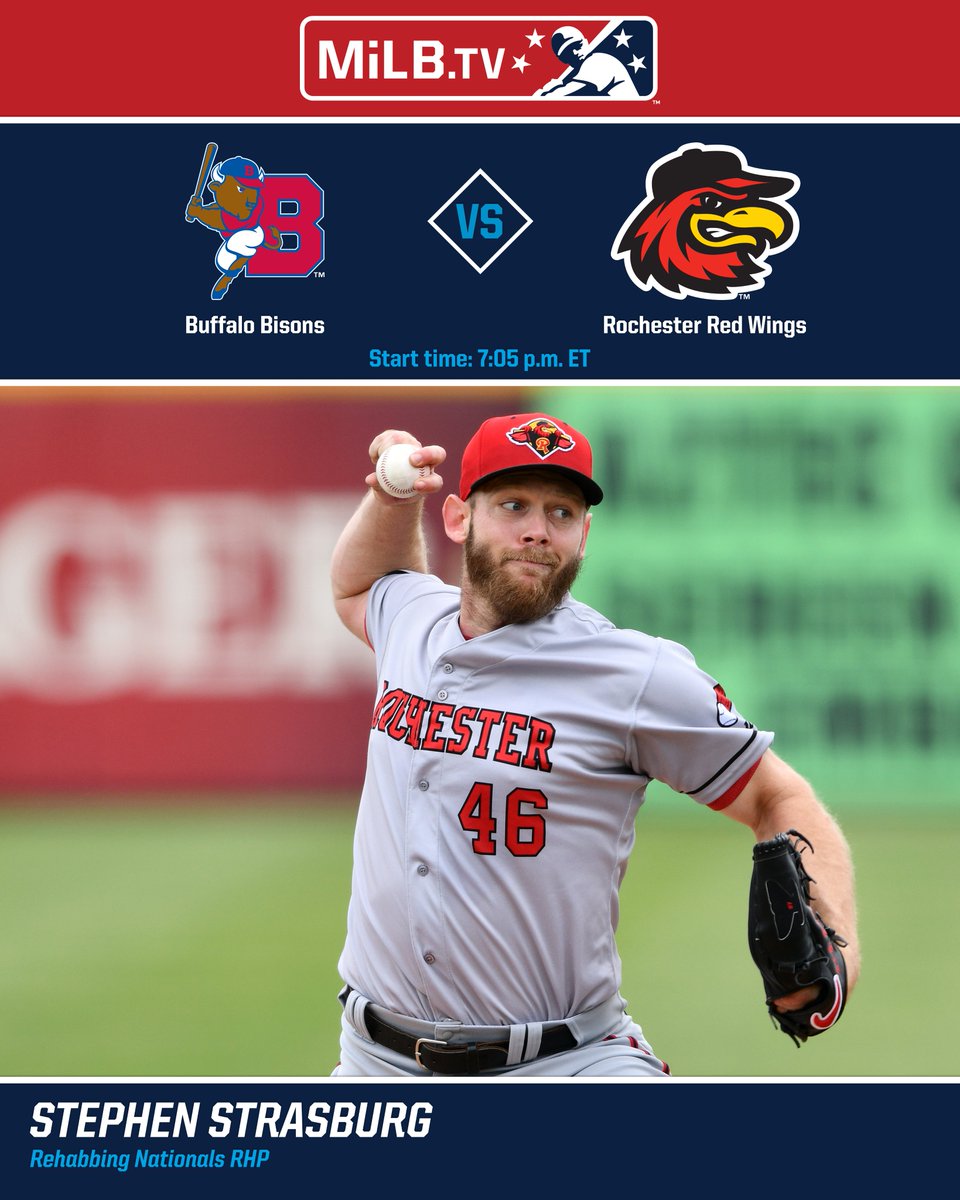 MiLB's tweet image. Stephen Strasburg&apos;s rehab reaches Triple-A!

The #Nats hurler leads the Red Wings against the Bisons and MLB&apos;s No. 4 overall prospect Gabriel Moreno.

📺 atmilb.com/3xgnvvB