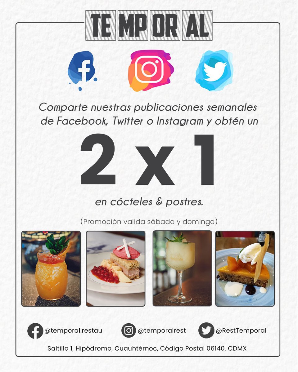 🟠¡2 x1 en cócteles y postres!🟠 Comparte todas las publicaciones que  hicimos esta semana en tus redes sociales, ya sea en Facebook, Twitter o  Instagram y obtén un 2x1 en cócteles y, image size:960x1200