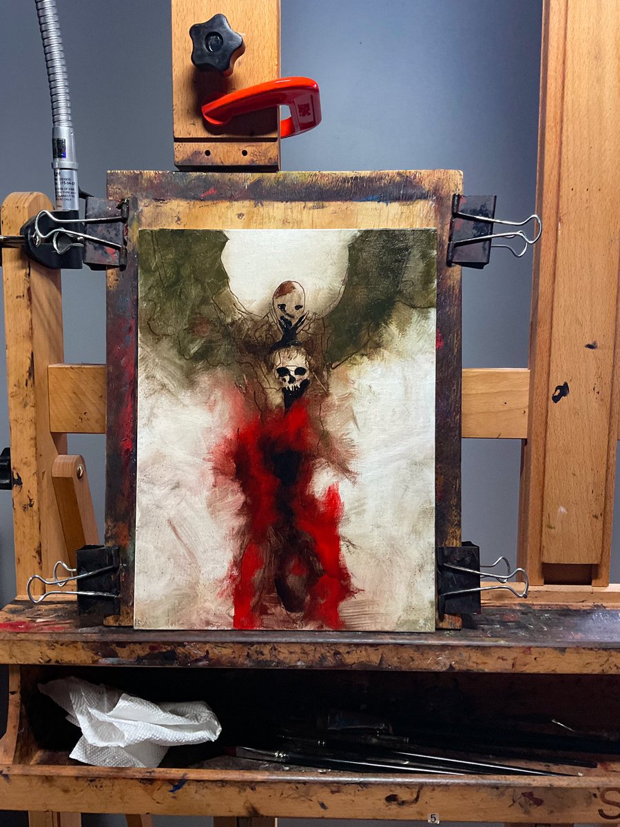 ShadowMyths's tweet photo. First layer of paint thrown down. Itβs always the ugly layer but, referring to my digital thumbnail, I jknow that itβs only temporary. #darkart #wip #darkart #scary #oilpainting #wingeddemon #demon #skull https://t.co/OWgDJn85FR