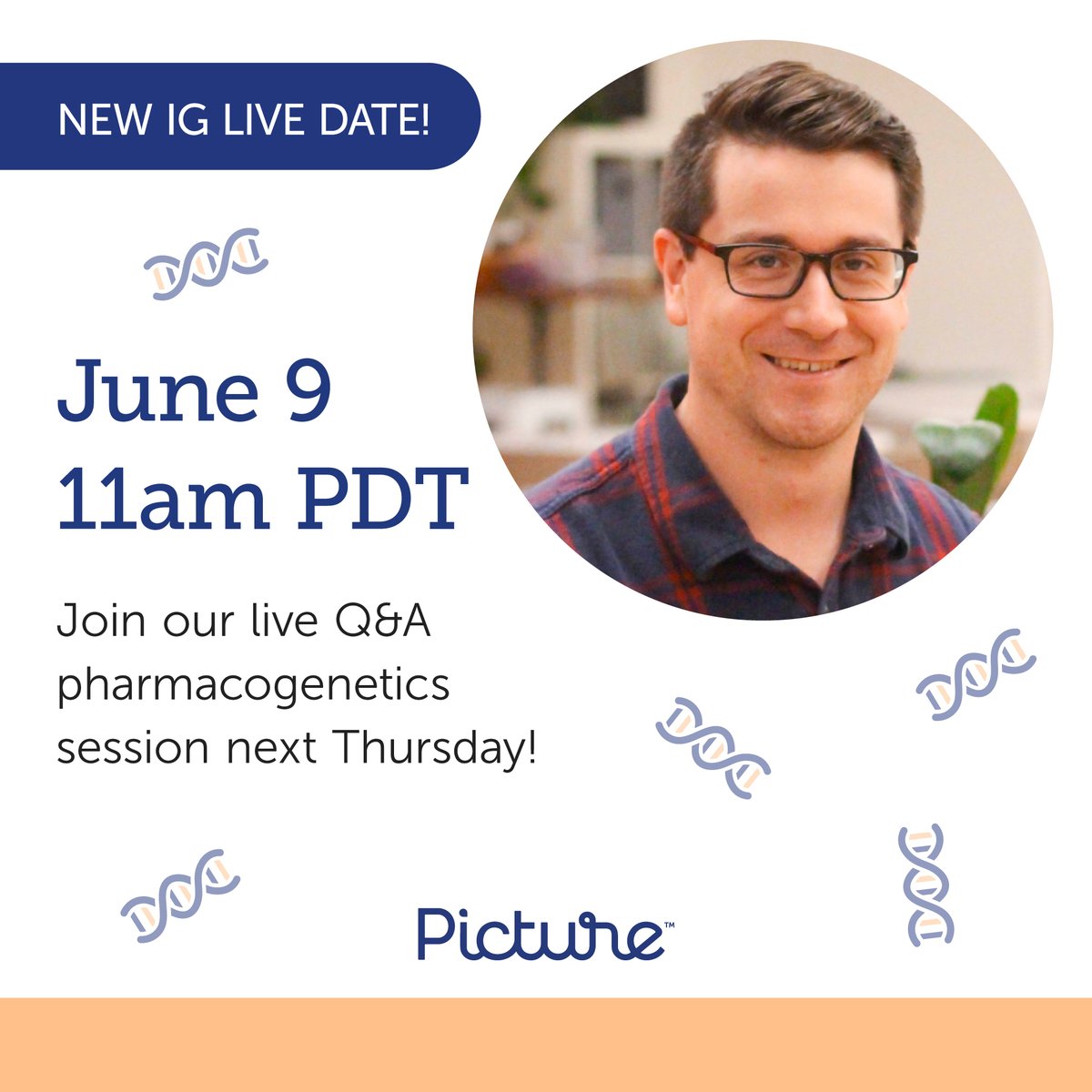 PictureGenetics's tweet photo. Mark your calendars because we just got a new date for our IG Live! Greg will be answering your questions about #PGx, or #pharmacogenetics, which is an exciting branch of #precisionmedicine allowing doctors to tailor your medication to what works best for your body. https://t.co/9sEpTBCM23