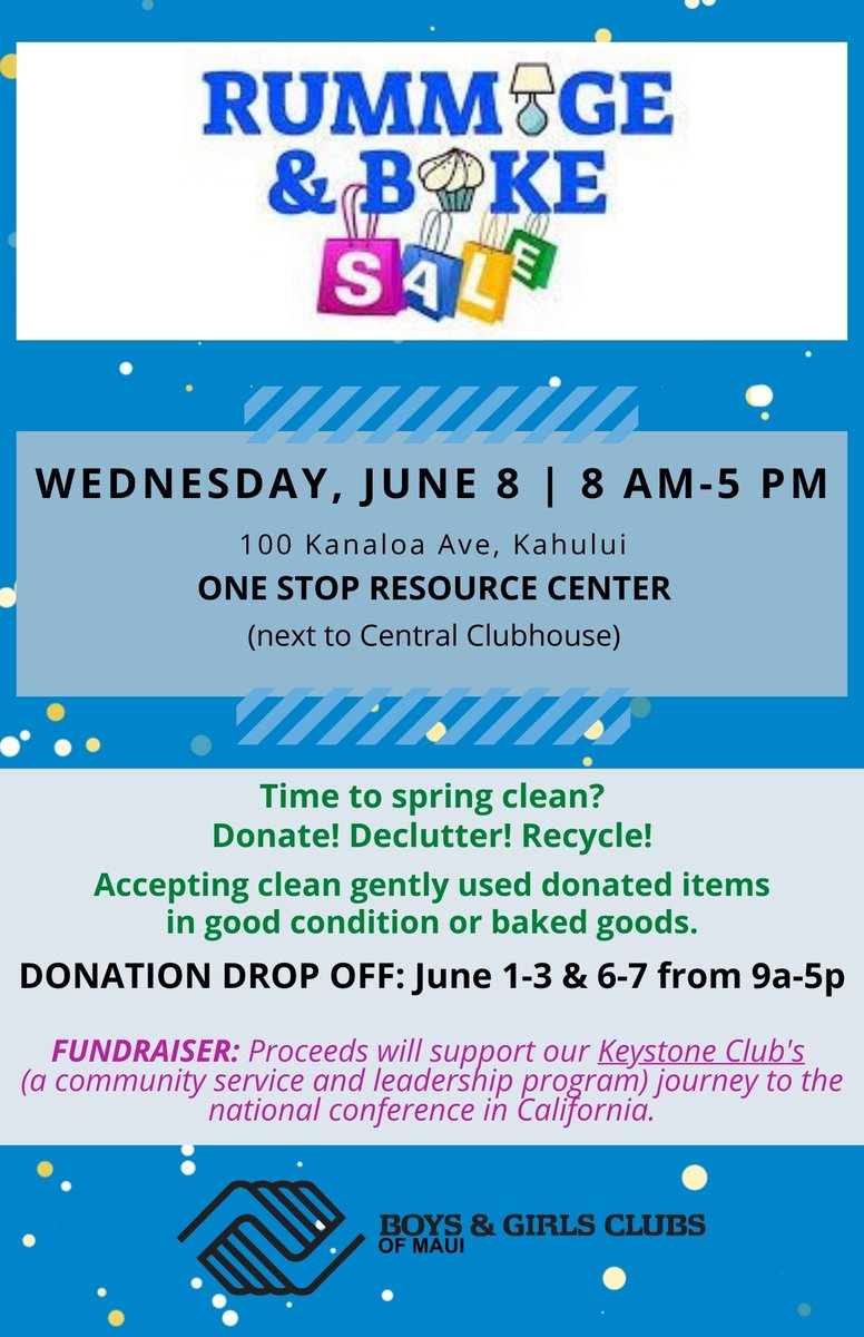 bgc_maui's tweet photo. Declutter! Recycle! Donate!
We're still accepting donations for our fundraiser next week. You can help our teens reach their goal of getting to the national Keystone conference. Thank you for your support. https://t.co/WCTcevYt9W