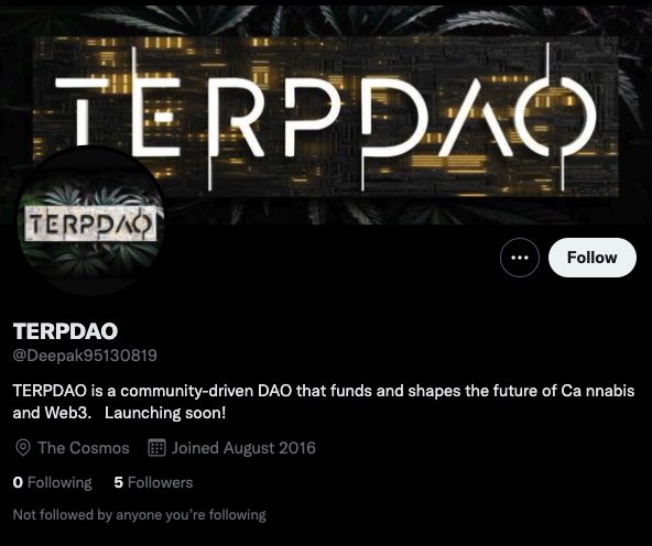 TERPDAO's tweet photo. We must be doing something right if we’re getting imposter accounts already. We are the ONLY #terpdao page. Always look at the @
#DAO #TERPDAO #CANNABIS #HASHPOWER https://t.co/rpEVf94osX