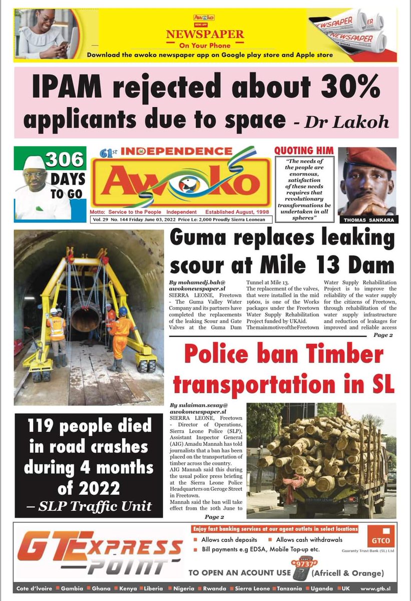 AlusineRehme's tweet photo. Check out @awokonewspaper 02-06-2022 & 03-06-2022👇
Get our Mobile App from either Google play store or from Apple store to always get fresh content about happening within & across🇸🇱 on 24/7 basis✍️
@UNSierraLeone
@Mrcgsl
@SLAJ_Salone
@ATJLF_
#IPAM
#GVWC
#ASSL
#BanonTimberLogg https://t.co/0a07CvS5cy