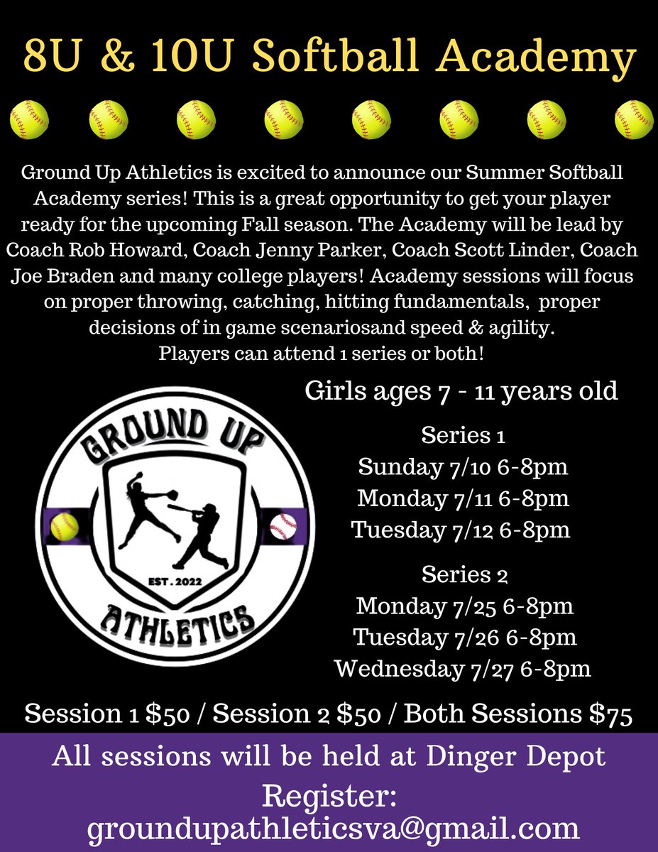 📢 So excited to announce our summer 🥎 academy! Make plans to attend ☝🏼 or ✌🏼 series to get your player top notch fundamental coaching &amp; get excited for the fall season! 

😉 Don’t worry 12 &amp; up ballers…we’ve got an exciting summer event planned for you as well, stay tuned!