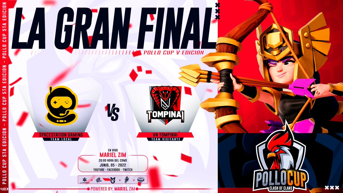 📣Gran FINAL!! 5ta Edición🤩
Domingo 5 de Junio
⏰8pm🇲🇽🇨🇴10pm🇧🇷🇦🇷

@SpaceStationCOC 🆚 <a href="/TompinaiEmpire/">TOMPINAI EMPIRE</a> 

Cuál de de los dos equipos será el Bi Campeón de Pollo Cup? 

Miralo en vivo por <a href="/MarielZ2010/">MᥲrιᥱᥣZιm ✨🌺✨</a> 

twitch.tv/marielzim

facebook.com/MarielZim