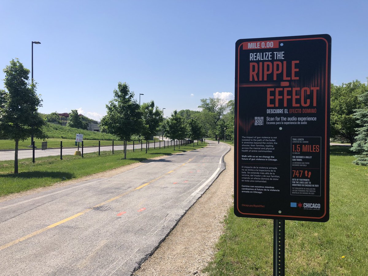 LaurenVictory's tweet photo. HIGHLIGHTING not HIDING from our #gunviolence problem. Keep your eyes peeled for new signs & footprints on #LakefrontPath. The Ripple Effect campaign by @ChiCommSafety includes audio & visual elements of struggles faced & solutions at play in #Chicago when it comes to shootings. https://t.co/I26i6Ei5yI