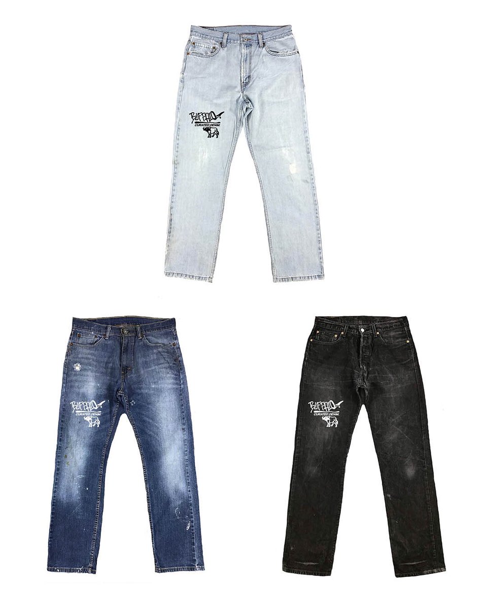 buffalo_designs's tweet photo. BUFFALO “CURATED DENIM” OUT NOW! 🐃 
These are incredibly limited: 
- $40 retail
- Available in 3 washes
- Multiple fits: Levi 501, 505, and 550. 
- Screen printed logo
- Collectible back pocket tag
- Unique distressing, making each pair a 1/1
https://t.co/KgnKBWQYNg https://t.co/TFcjn84wyV