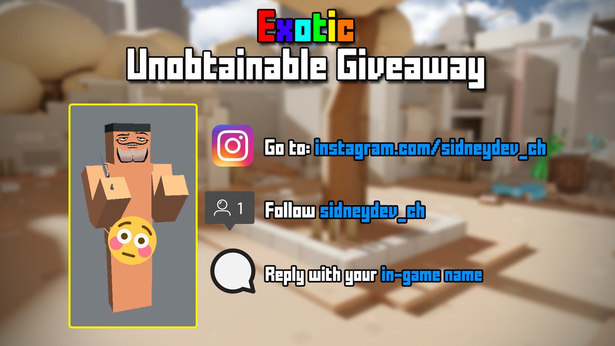 krunkerio's tweet image. 🔥 EXOTIC UNOB GIVWAWAY 🔥
🔸 Follow 👉 instagram.com/sidneydev_ch 👈 to enter
🔸 Must be level 20+
🔸 Reply with your IGN to participate
Winner will be announced shortly
🍀 Good luck