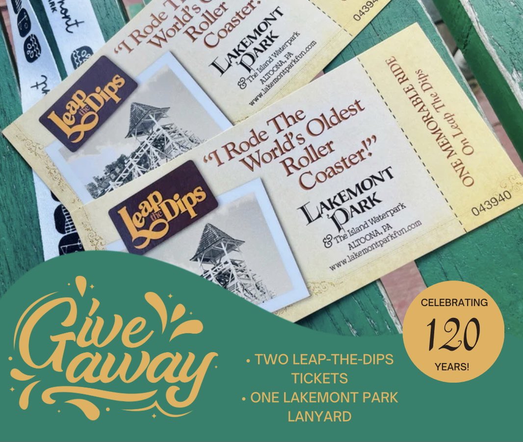 lakemont_park's tweet photo. We are celebrating Leap-the-Dips’ 120th birthday with a GIVEAWAY! 🎉 

One lucky winner will receive two Leap-the-Dips tickets and one Lakemont Park lanyard. The winner will be randomly selected on June 6th. 

1. Like this post 
2. Retweet this post 
3. Tag a friend https://t.co/7So7fcZTkd