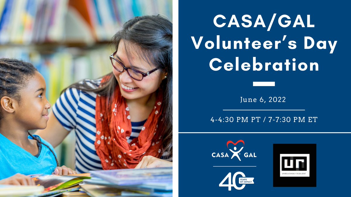 On June 6, <a href="/NationalCASAGAL/">National CASA/GAL Association for Children</a> will again partner with Unbelievably Resilient (formerly FosterStrong) to host our 2nd annual CASA/GAL Volunteer’s Day celebration. We invite all friends of the CASA/GAL movement to join us in celebration! #CASAGALVolunteersDay
nationalcasagal.zoom.us/j/99109845197