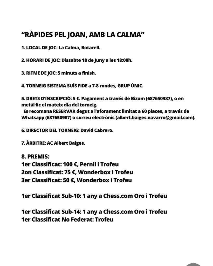 Dintre de poc mes de dos setmanes (el 18 de juny) organitzarem una jornada en memòria al nostre estimat Joan Caba.

En les imatges teniu les bases del torneig així com els detalls del premis.

Tots els guanys anirán destinats a la investigació contra el càncer.

#Escacs