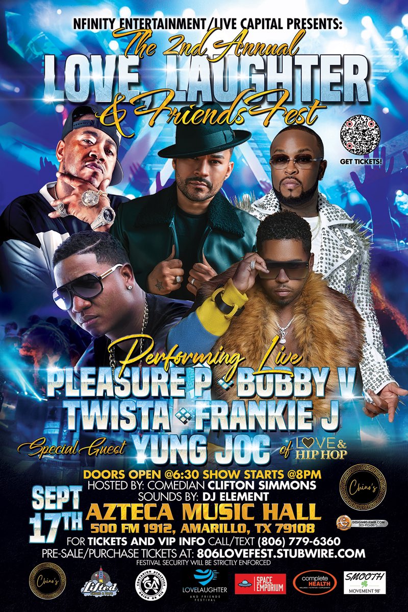 NfinityEntert1's tweet photo. Amarillo! Get ready for the 2nd Annual Love, Laughter, &amp; Friends Fest! On September 17th performing live at Azteca Music hall will be Pleasure P, Bobby V, Frankie J, and Twista, also Special Guest and Love &amp; Hip Hop star Yung Joc!🤯
Tickest go on sale June 6th at 8am 🎟 https://t.co/62IOcDB3rp