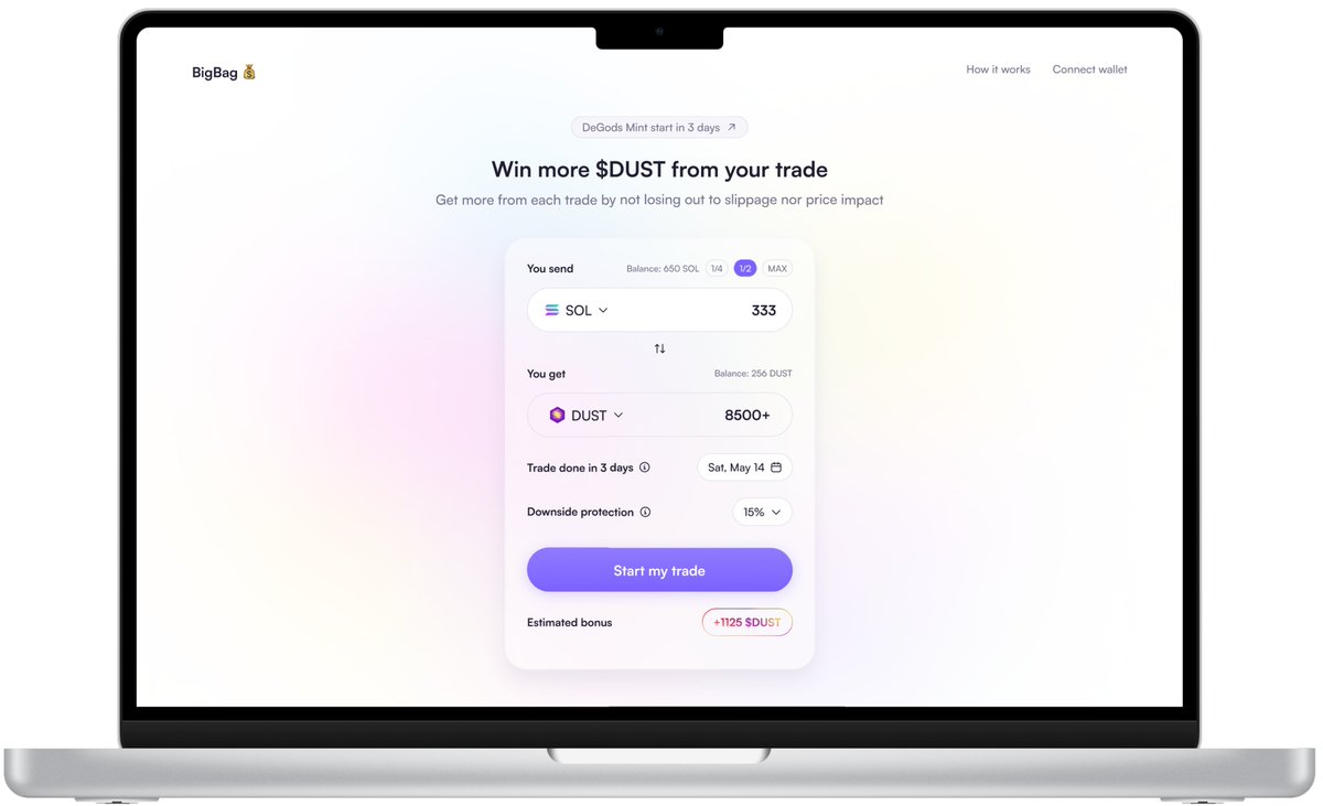BigBagTrade's tweet photo. @DeGodsNFT Also hiring: We noticed people want to accumulate DUST in time for the Duppies mint. We're DeGods ourselves and we think this will be a perfect first use case. If you like the look of this interface, DM us. Both frontend and backend skills welcome https://t.co/00wPpa4emg