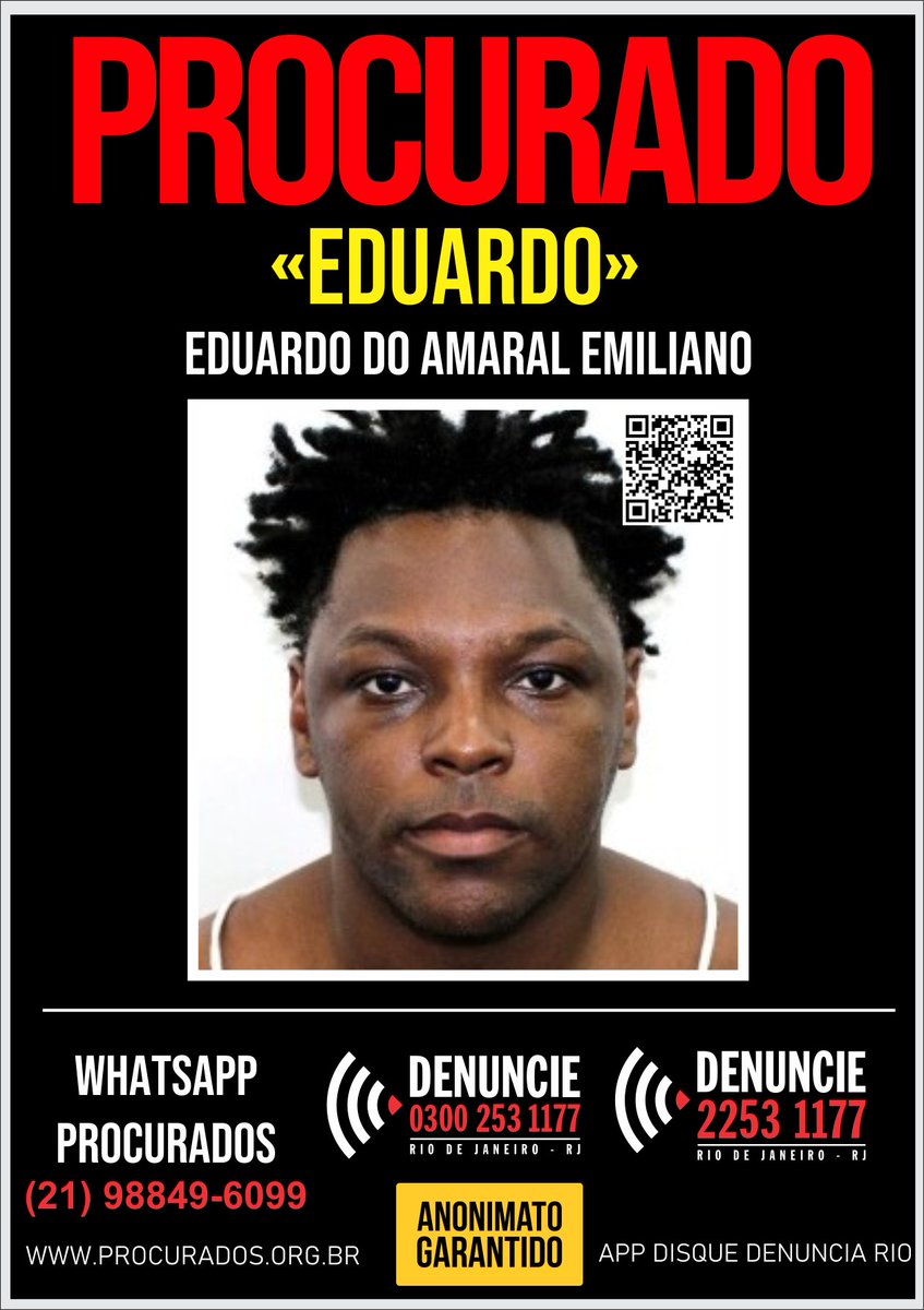 O Portal dos Procurados divulga um cartaz para ajudar nas investigações da DHC a fim de obter informações que levem à prisão de Eduardo Amaral Emiliano, de 39 anos. Ele é o principal suspeito de assassinar a companheira Monique Barros de Souza, de 32 anos, morta a facadas.