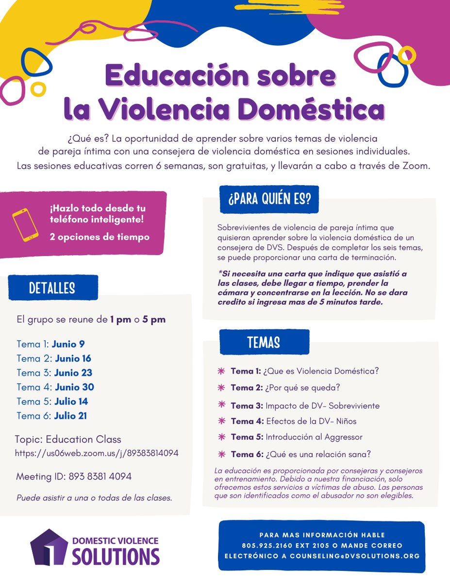 dvsolutions_sb's tweet photo. 🤝 Our upcoming DV Edu Groups begin soon! Classes offered in English &amp; Spanish.

Learn about various intimate partner violence topics in a small group. FREE and you can join in any week! 

Please share! 💜

Questions? Email counseling@dvsolutions.org. https://t.co/ES2boAVJLH