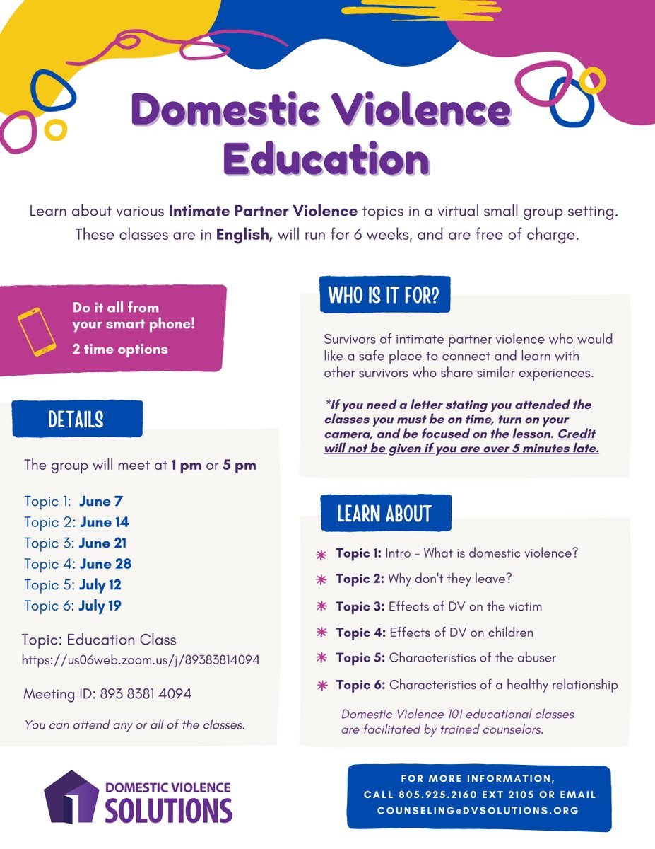 dvsolutions_sb's tweet photo. 🤝 Our upcoming DV Edu Groups begin soon! Classes offered in English &amp; Spanish.

Learn about various intimate partner violence topics in a small group. FREE and you can join in any week! 

Please share! 💜

Questions? Email counseling@dvsolutions.org. https://t.co/ES2boAVJLH