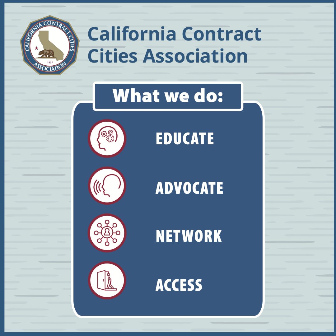 contractcities's tweet photo. #CCCA serves and supports its #MemberCities through four main functions:

📝 Education
📢 Advocacy
🤝 Networking
🚪 Access

Learn more about joining the #ContractCitiesFamily: https://t.co/KulVIShV03 https://t.co/0FIy05mJYo