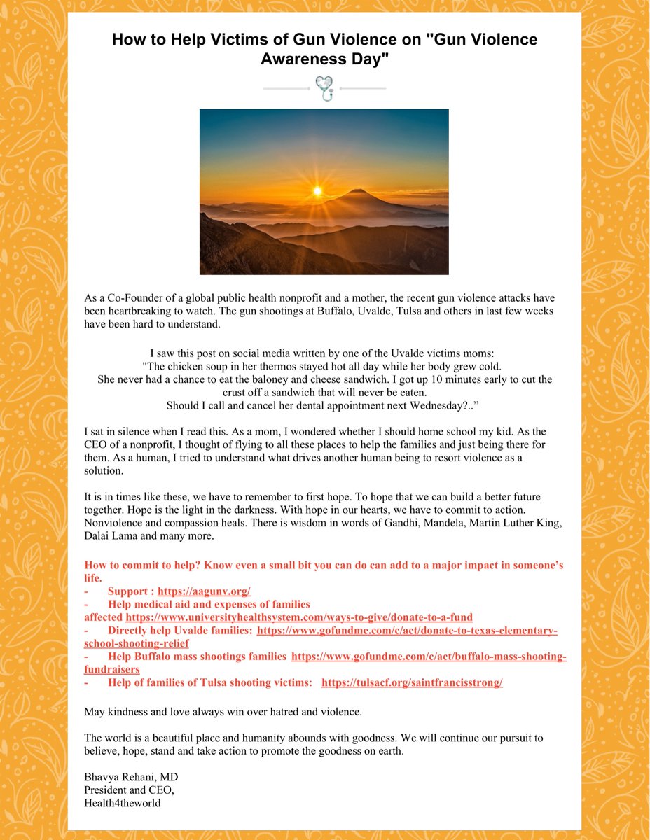 BhavyaRehaniMD's tweet photo. As we all find ways to help families, 
#NationalGunViolenceAwarenessDay #WearOrangeWeekend 

Some ways: 
-Medical aid : https://t.co/Ww7oByjeYv
-Help families: https://t.co/IO3dBBZoBa

More reflections &amp; imp ways 👇

@VidhyaPrakashIL @jana_ivanidze 

#spreadkindness #compassion https://t.co/vzVn9WIw0Q