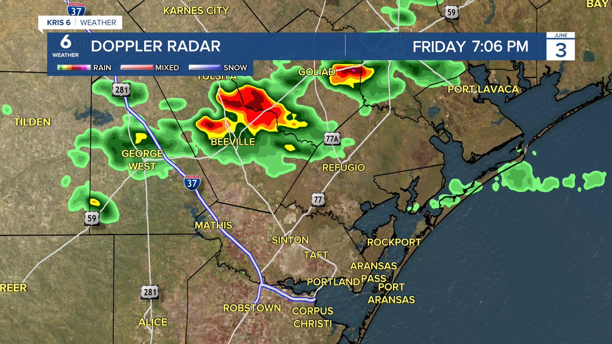 From Dale Nelson: A strong thunderstorm north and west of Beeville is moving slowly east at 10 mph. Parts of Beeville, Pettus, and Tuleta will be affected until 7:45 pm by heavy rain gusty winds to 60 mph and lightning. #CCWX