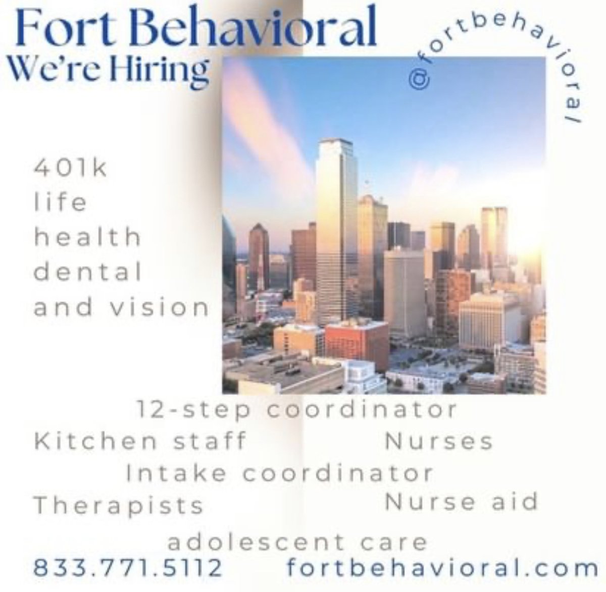 Fort Behavioral is Hiring! We are looking for new teammates who are passionate about helping people. We have many positions available. Head on over to indeed.com/cmp/Fort-Behav… for more information and to apply directly!