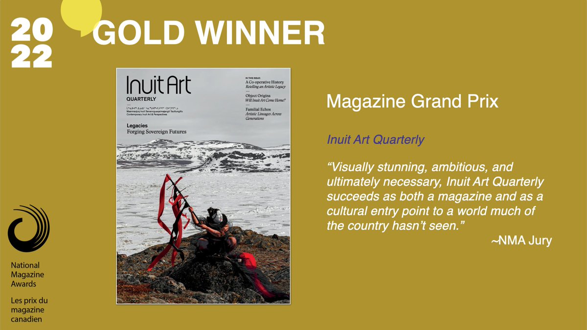 The final award of the night is the prestigious Magazine Grand Prix! A big round of applause for this year's winner, Inuit Art Quarterly (<a href="/InuitArtFdn/">Inuit Art Foundation</a>)! Congratulations to everyone on the IAQ team. bit.ly/3arfxqk