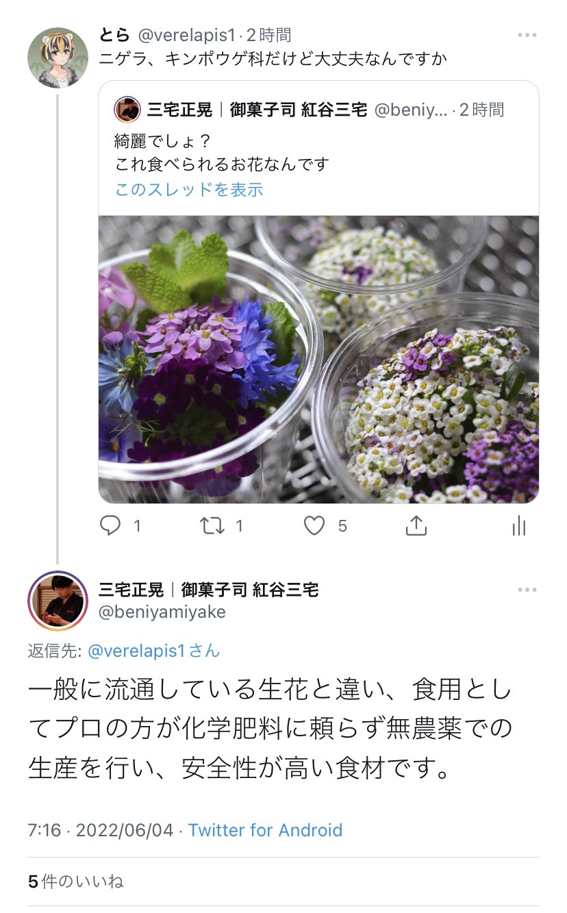 とら 話が通じてなくて眩暈がした 私は植物の性質を懸念してるのに 料理に毒草の花を添えたら食べる人どう思うよ どんな猛毒の植物でも花一輪で死ぬことなんて無いけども あのゲルセミウムでさえ葉3枚といわれる 無農薬です って言われてもね 無農薬